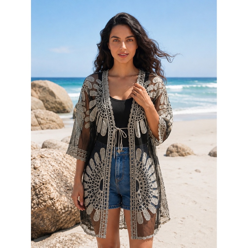 Cotton Kimono Beach Cover Up Black White Embroidered Sheer Mesh
